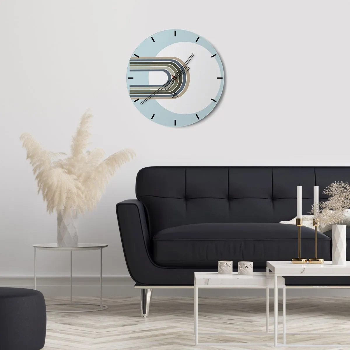 Wall clock - Clock on glass - Graphic lines in the shape of a magnet on a blue background - 30x30cm - Irresistible Attraction - Modern wall decoration for the living room, kitchen, and bedroom ARTTOR