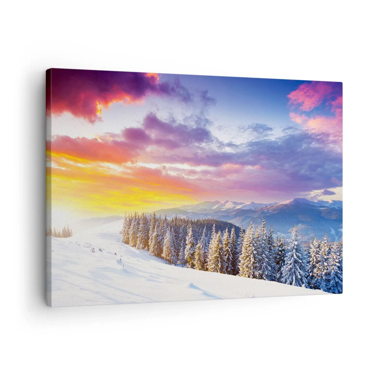 Canvas picture - Winter landscape with mountains and forest at sunset - 70x50cm - In Plain Daylight - Modern wall decoration for the living room and bedroom ARTTOR