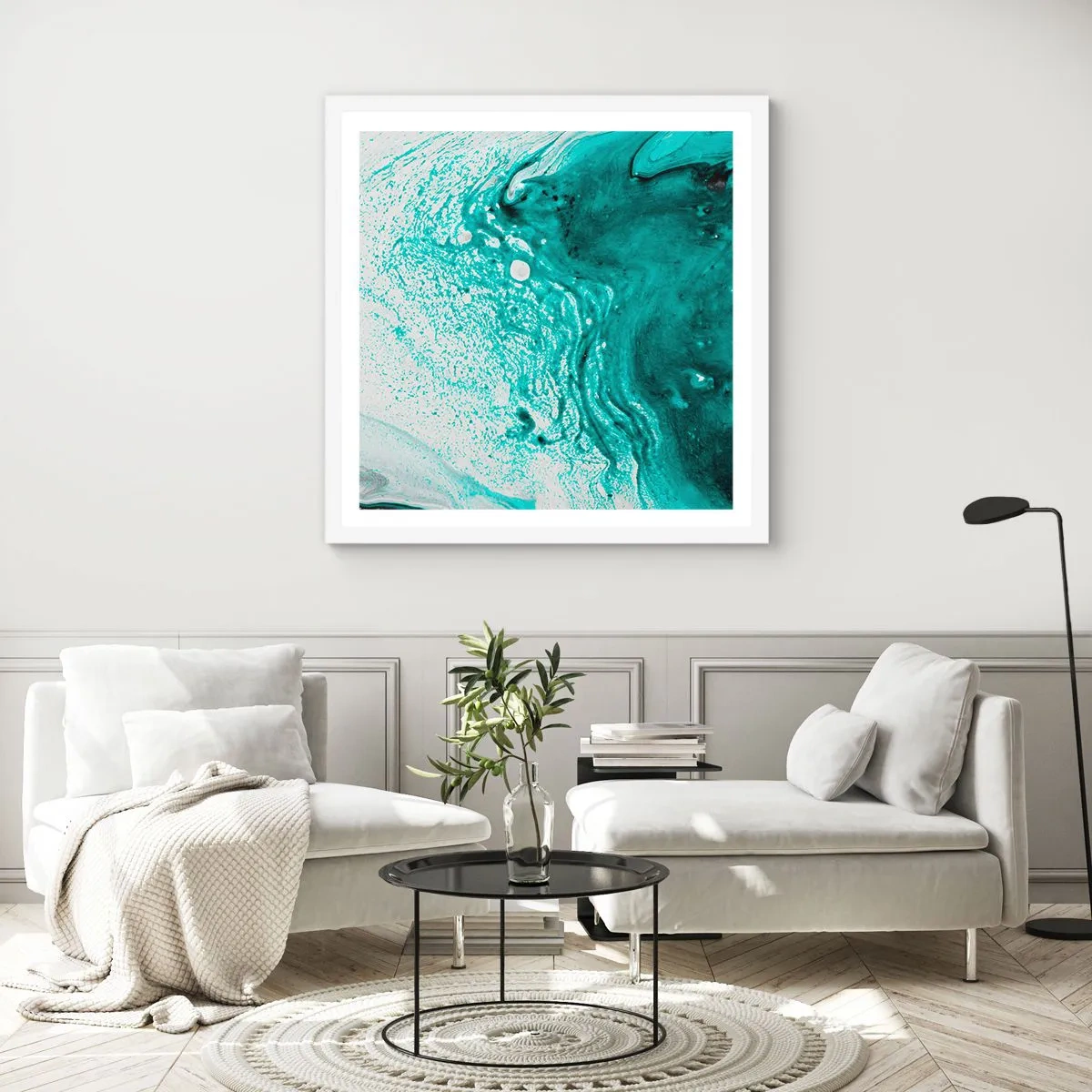 Poster in white frmae - Dissolving in White and Turquoise - 60x60 cm
