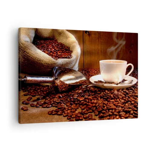 Canvas picture - A cup of coffee with coffee beans and a grain bag in the background - 70x50cm - Can You Smell It? - Modern wall decoration for the living room and bedroom ARTTOR