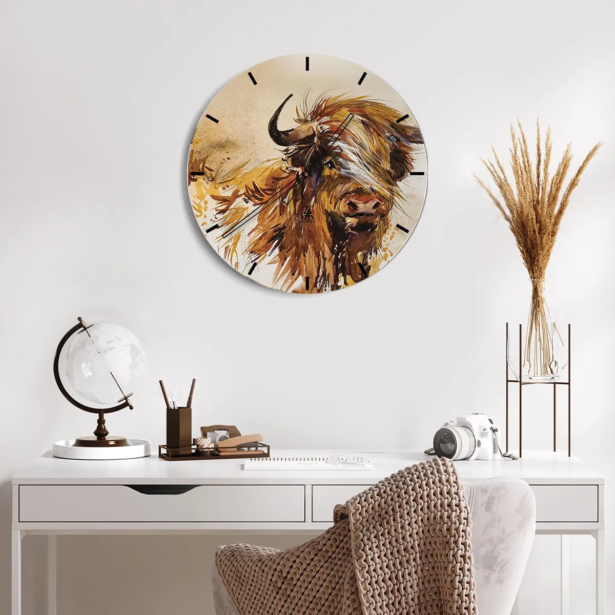 Wall clock - Clock on glass - A painted illustration of a Scottish bull with flowing fur - 30x30cm - Pride of a Hunter - Modern wall decoration for the living room, kitchen, and bedroom ARTTOR