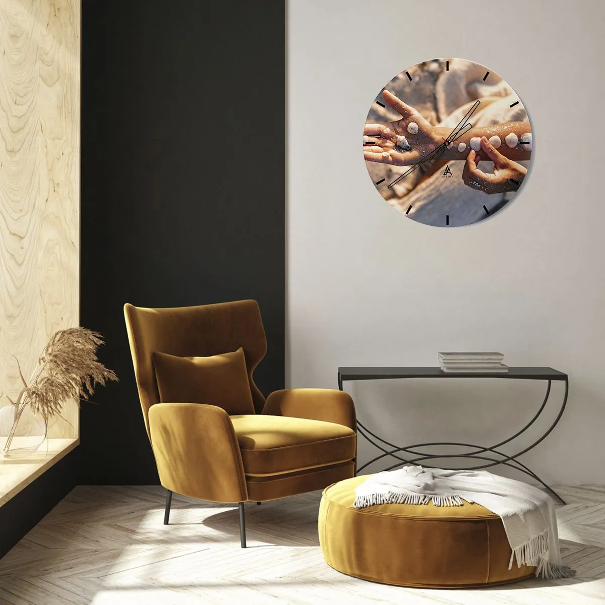 Wall clock - Clock on glass - Seashells placed on a child's hand against a background of sand - 30x30cm - Beauty at Hand - Modern wall decoration for the living room, kitchen, and bedroom ARTTOR
