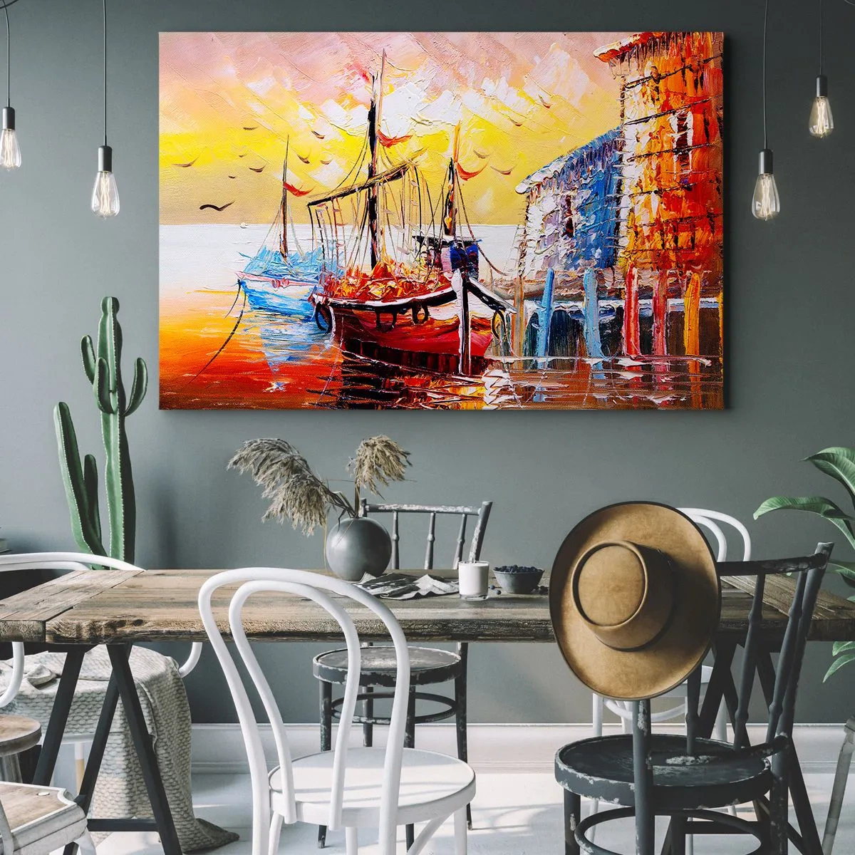 Canvas picture - Picturesque harbor at sunset with fishing boats - 70x50cm - Happy Comeback - Modern wall decoration for the living room and bedroom ARTTOR