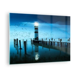 Glass picture - A lighthouse surrounded by calm water and birds - 70x50cm - And You Are Not Afraid of Darkness - Modern wall decoration for the living room and bedroom ARTTOR