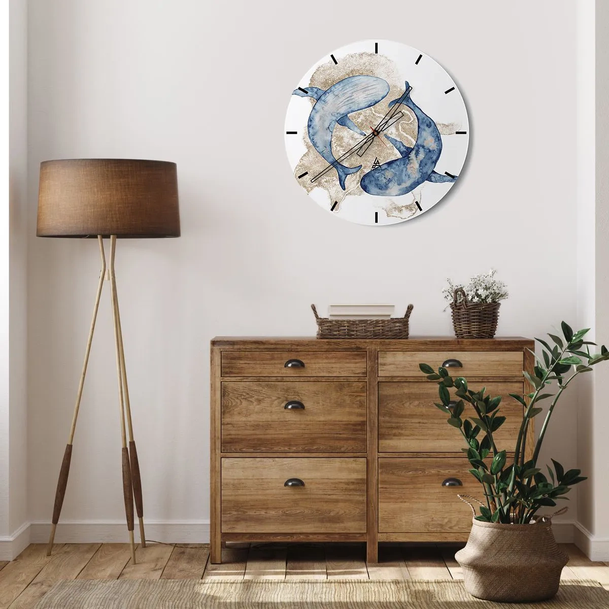 Wall clock - Clock on glass - Blue whales against the golden sand - 30x30cm - Frendship or Love? - Modern wall decoration for the living room, kitchen, and bedroom ARTTOR