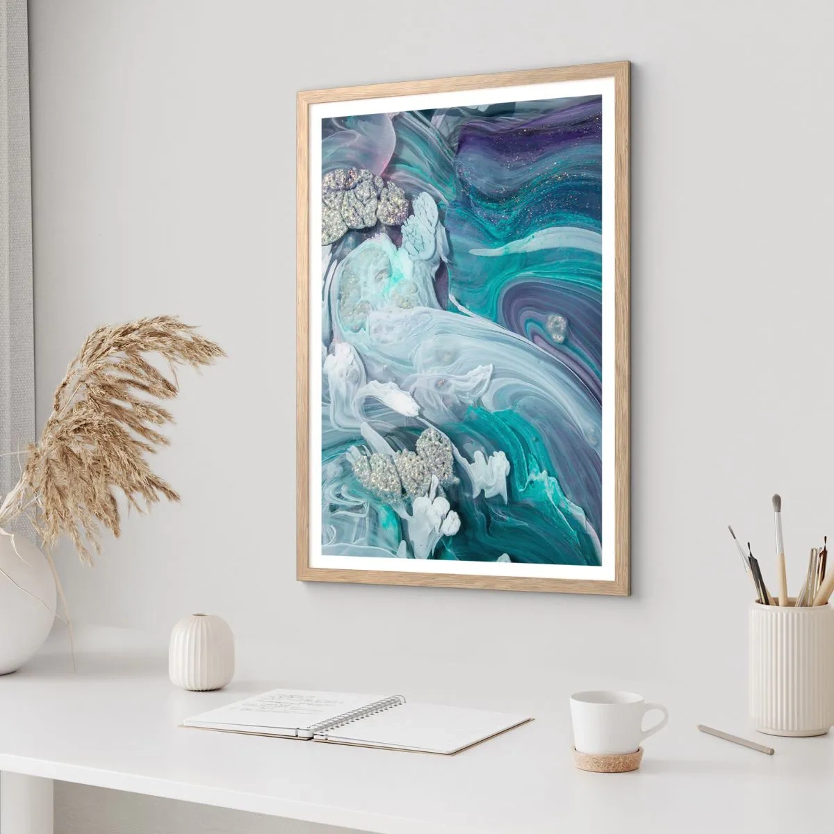Poster in light oak frame - Currents of Blue - 50x70 cm