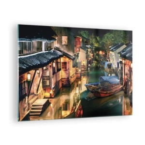 Glass picture - Chinese street at night with boats and lights along the canal - 70x50cm - Evening on a Chinese Street - Modern wall decoration for the living room and bedroom ARTTOR