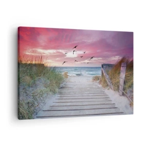 Canvas picture - Wooden path on the beach at pink sunset - 70x50cm - Baltic Impression - Modern wall decoration for the living room and bedroom ARTTOR