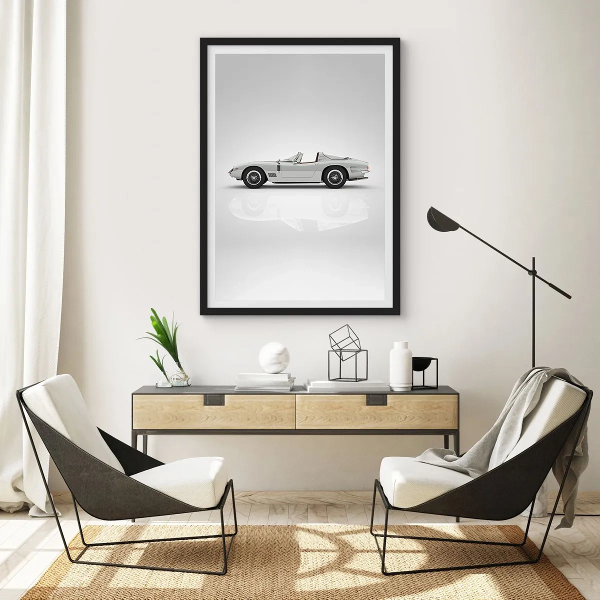 Poster in black frame - Classic white convertible on a neutral background - 50x70cm - Promise of Fun - Modern wall decoration for the living room and bedroom ARTTOR