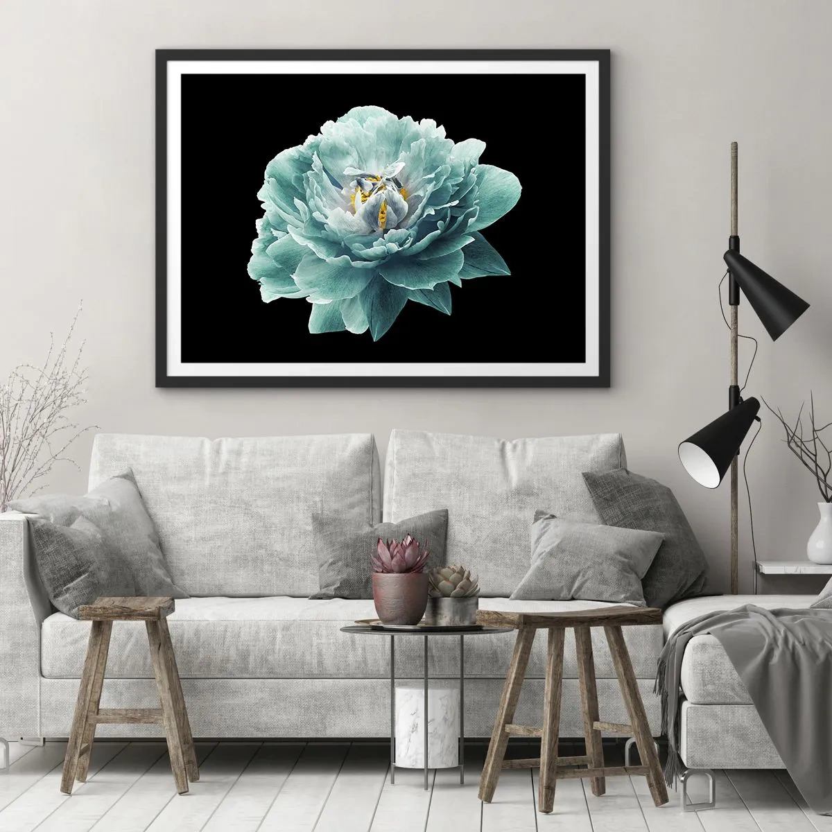 Poster in black frame - Blue and Gold Petals - 40x30 cm