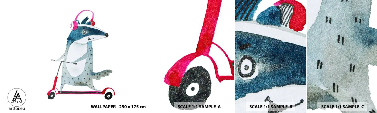 Photo Wallpaper Sample Standard Eco - Joys of a Badger - Children's, Scooter, Animal - 100x30 cm