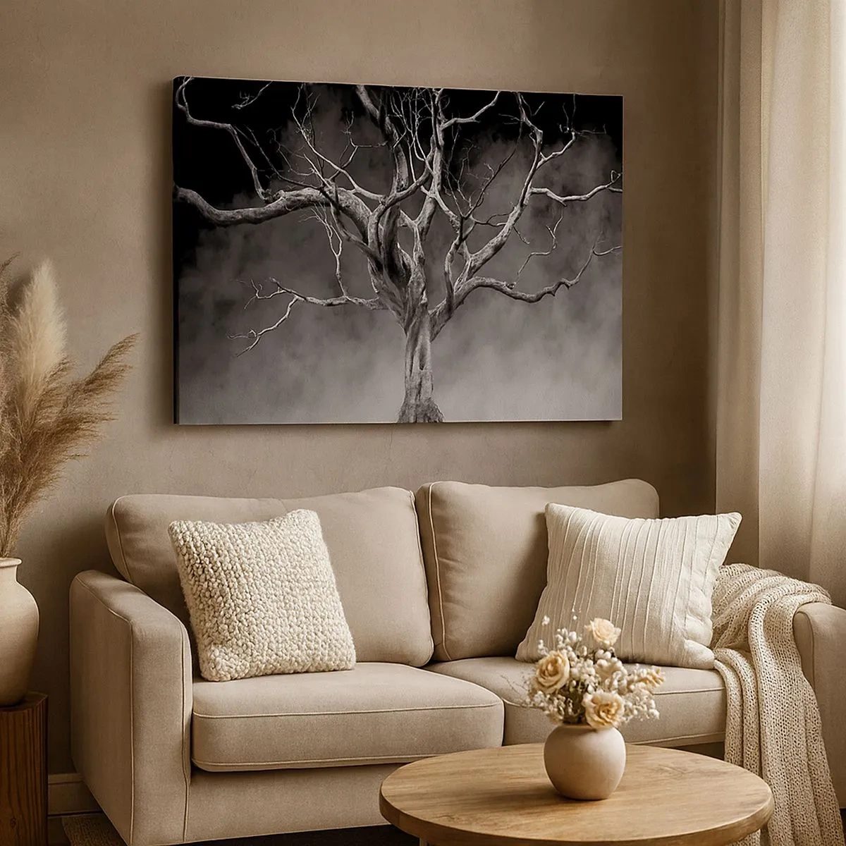 Canvas picture - A dry tree in black and white against the fog - 70x50cm - Primordial and Sacred - Modern wall decoration for the living room and bedroom ARTTOR