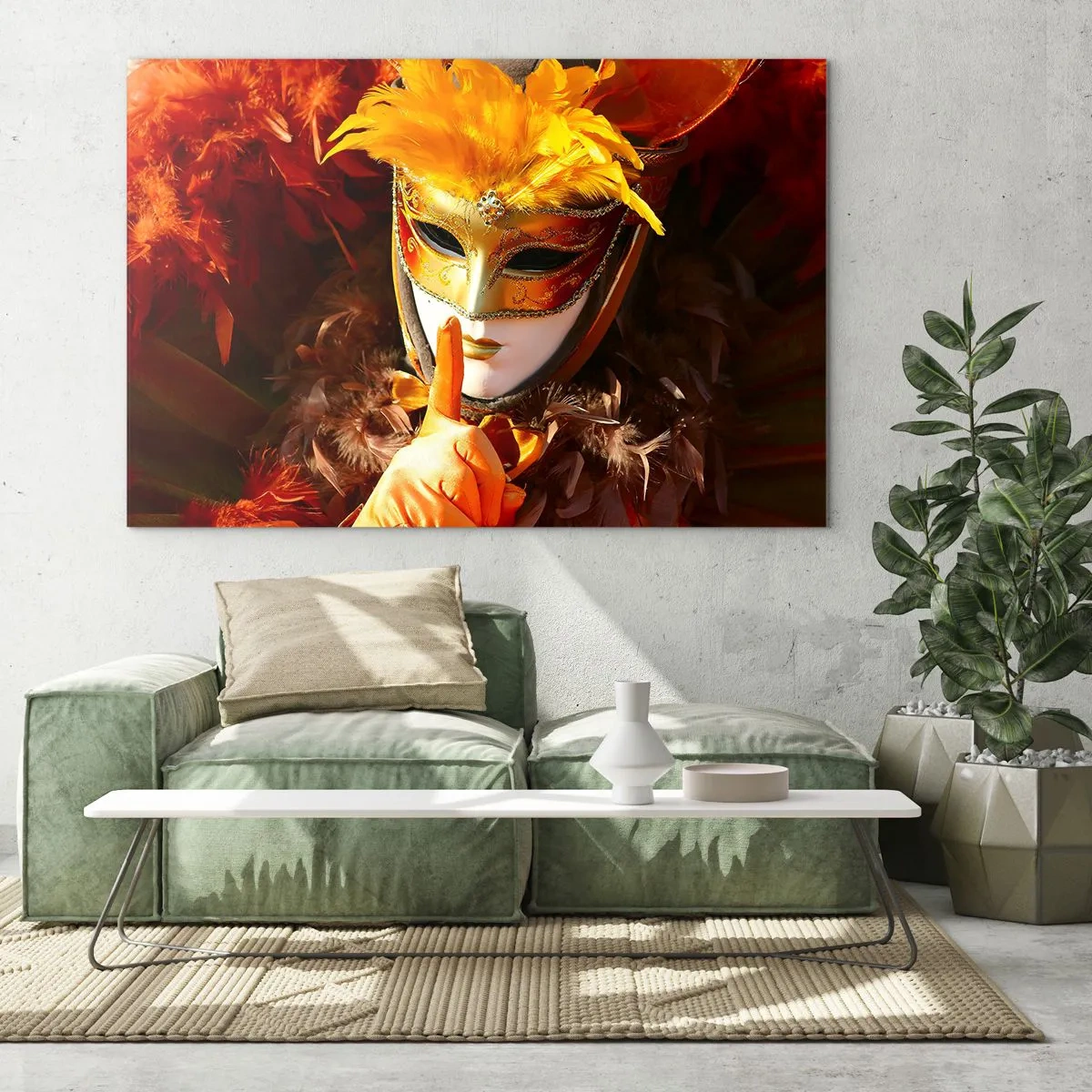 Glass picture - A figure in a golden mask with orange feathers - 70x50cm - Secret Is Part of the Game - Modern wall decoration for the living room and bedroom ARTTOR