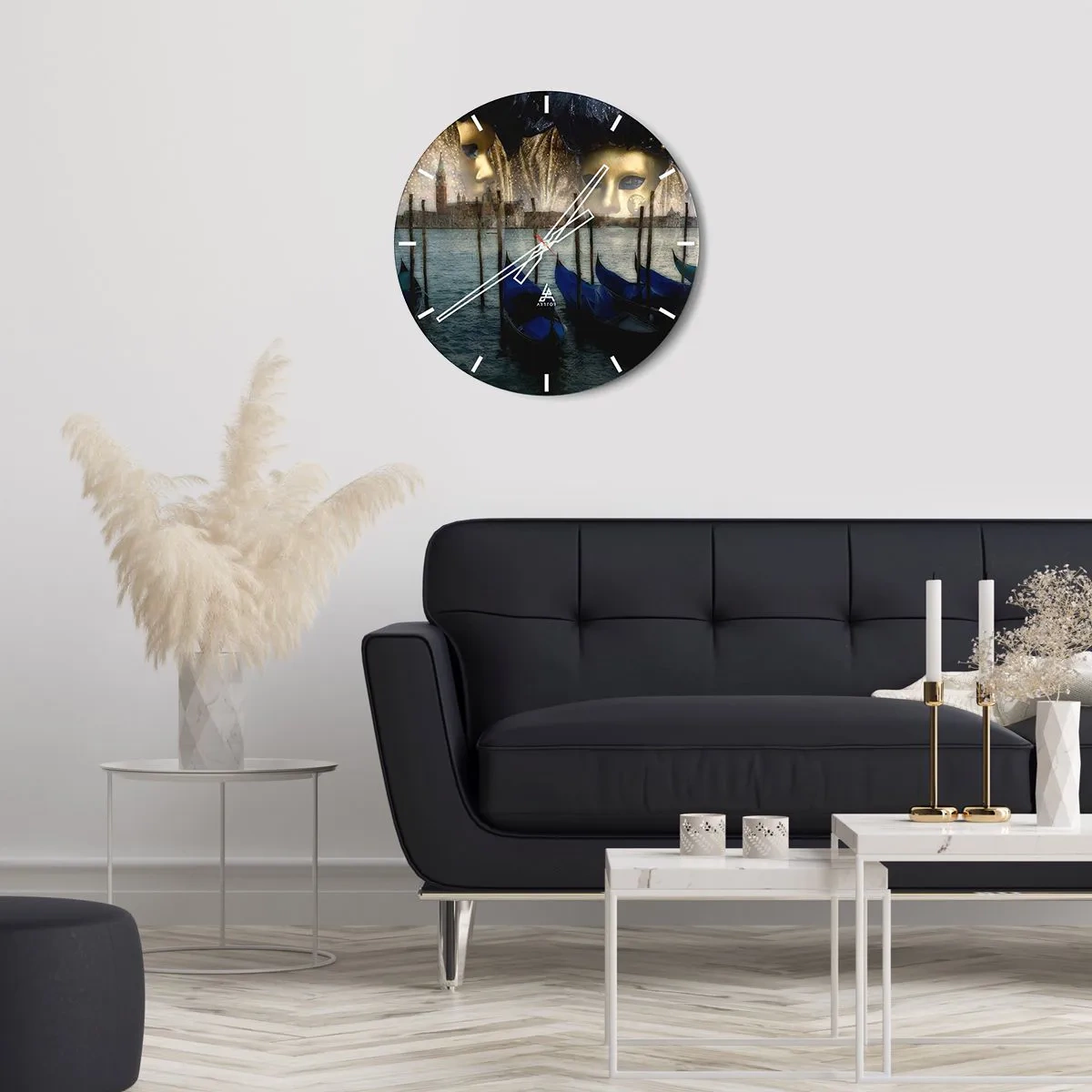 Wall clock - Clock on glass - Venetian masks against the background of a gondola and a canal - 30x30cm - Time to Start the Carnival - Modern wall decoration for the living room, kitchen, and bedroom ARTTOR