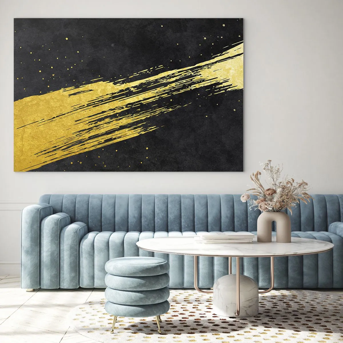 Glass picture - A golden brush on a black background in a dynamic, abstract form - 70x50cm - Jump to the Outer Space - Modern wall decoration for the living room and bedroom ARTTOR