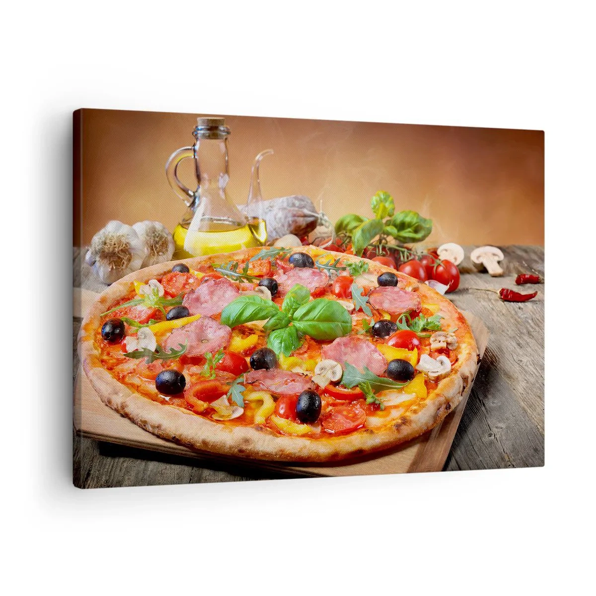 Canvas picture - Appetizing pizza on a wooden table with toppings - 70x50cm - With a Real Italian Flavouring - Modern wall decoration for the living room and bedroom ARTTOR