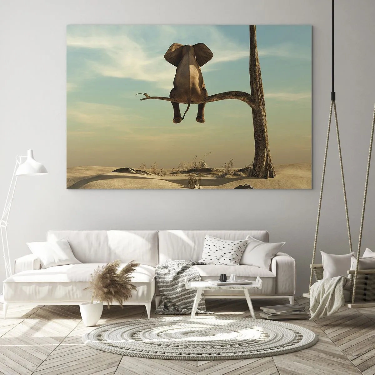 Glass picture - An elephant on a tree branch in a surreal setting - 70x50cm - New Point of View - Modern wall decoration for the living room and bedroom ARTTOR