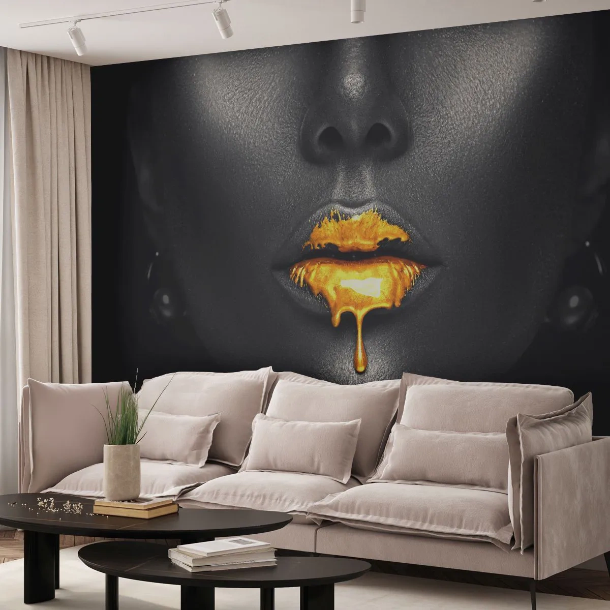 Self-Adhesive Photo Wallpaper Deluxe Sticker - Golden Lips - Abstraction, Woman's Mouth, Woman's Face - 300x210 cm