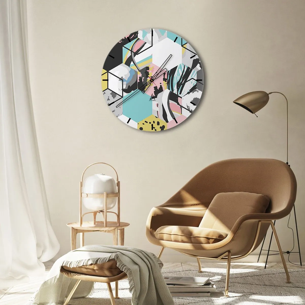 Wall clock - Clock on glass - Hexagons and Cubes in Six Colours - 30x30 cm