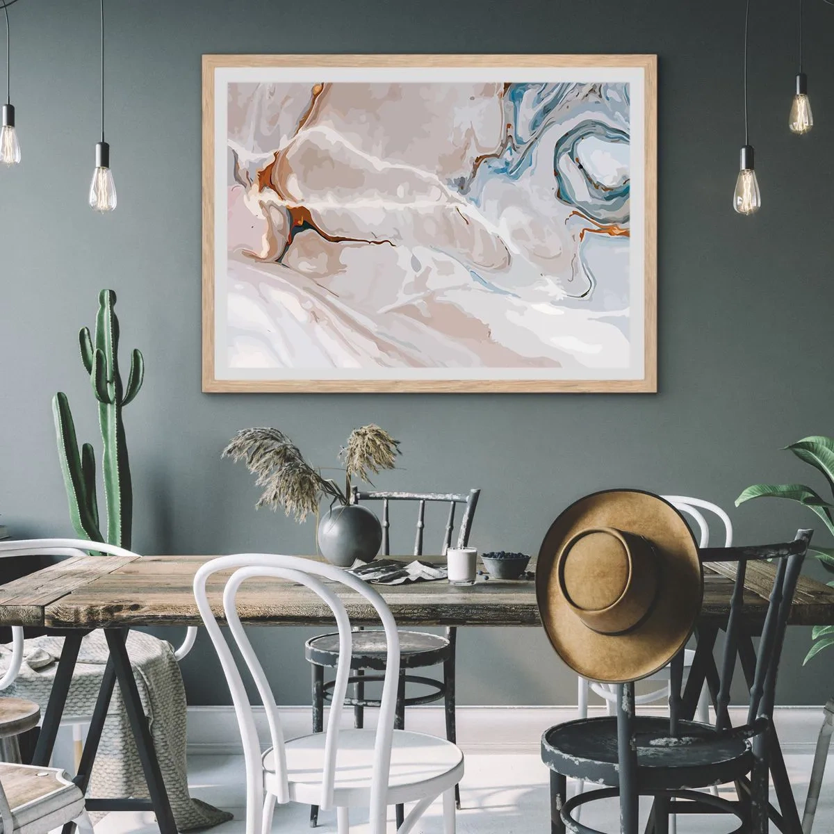 Poster in light oak frame - Blue Meanders under White - 91x61 cm