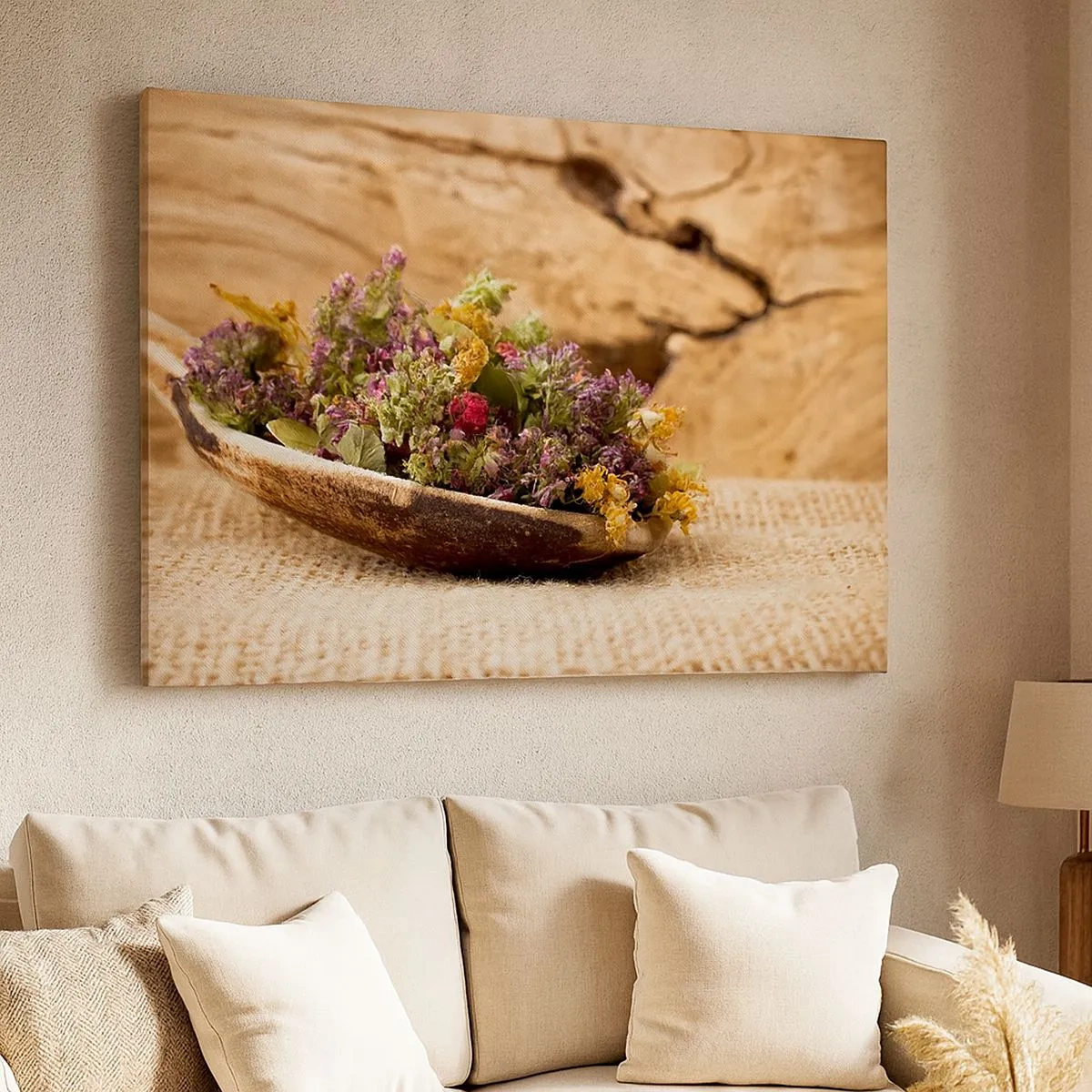 Canvas picture - Dried herbs in a wooden spoon on a natural wood background - 70x50cm - Colourful Flowers and Fragrant Herbs - Modern wall decoration for the living room and bedroom ARTTOR