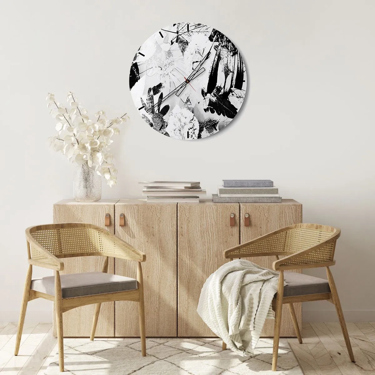 Wall clock - Clock on glass - Black and white floral and leaf pattern in an artistic style - 30x30cm - Autumn in a Negative - Modern wall decoration for the living room, kitchen, and bedroom ARTTOR