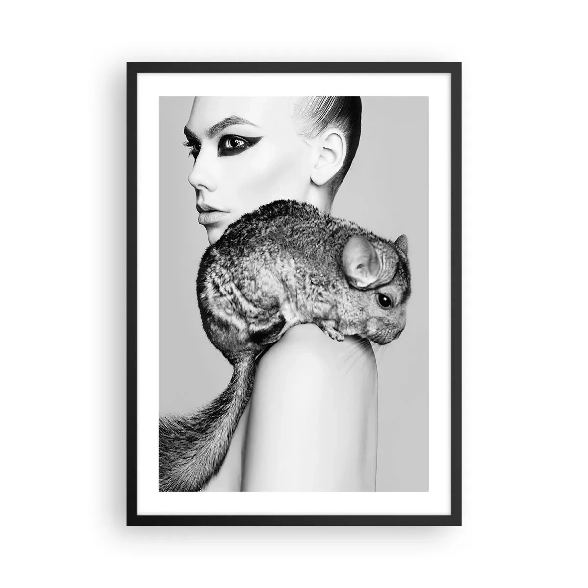 Poster in black frame - A woman with a chinchilla in an artistic black and white shot - 50x70cm - Lady with a Chinchilla - Modern wall decoration for the living room and bedroom ARTTOR