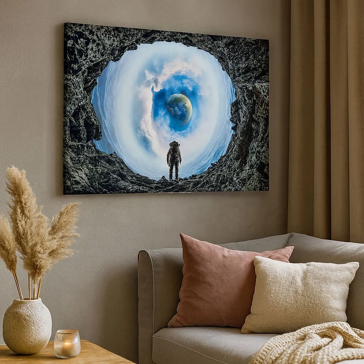 Canvas picture - Astronaut against a space landscape with Earth in the background - 70x50cm - Not Far from Home - Modern wall decoration for the living room and bedroom ARTTOR