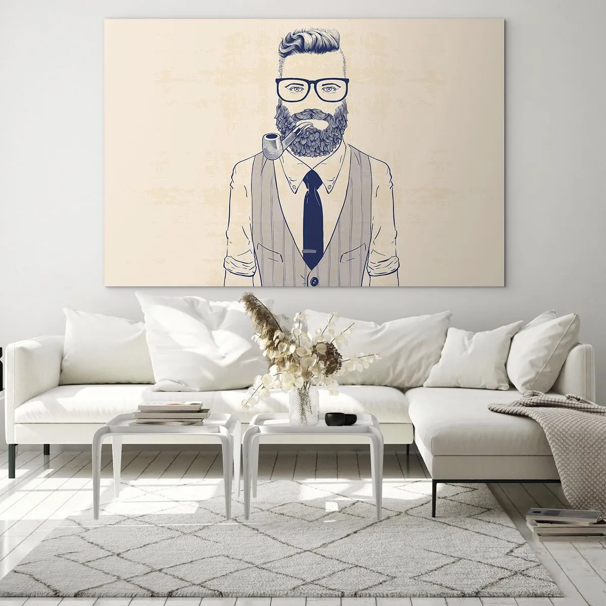 Glass picture - A stylized man with a beard, glasses and a pipe on a light background. - 70x50cm - Cheerful, Manly and Fashionable - Modern wall decoration for the living room and bedroom ARTTOR