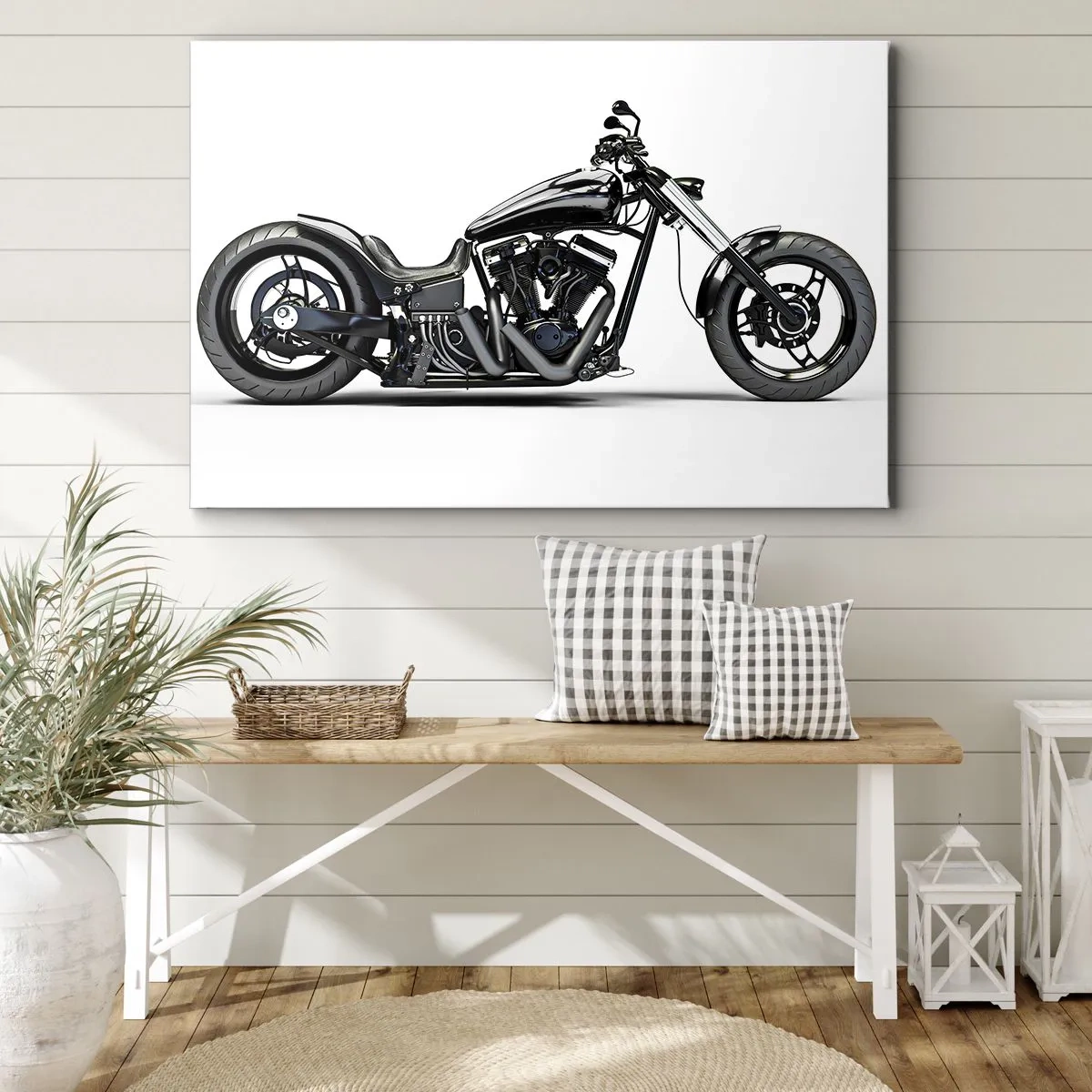 Canvas picture - Stylish black custom motorcycle on a white background - 70x50cm - For Lovers of Freedom - Modern wall decoration for the living room and bedroom ARTTOR
