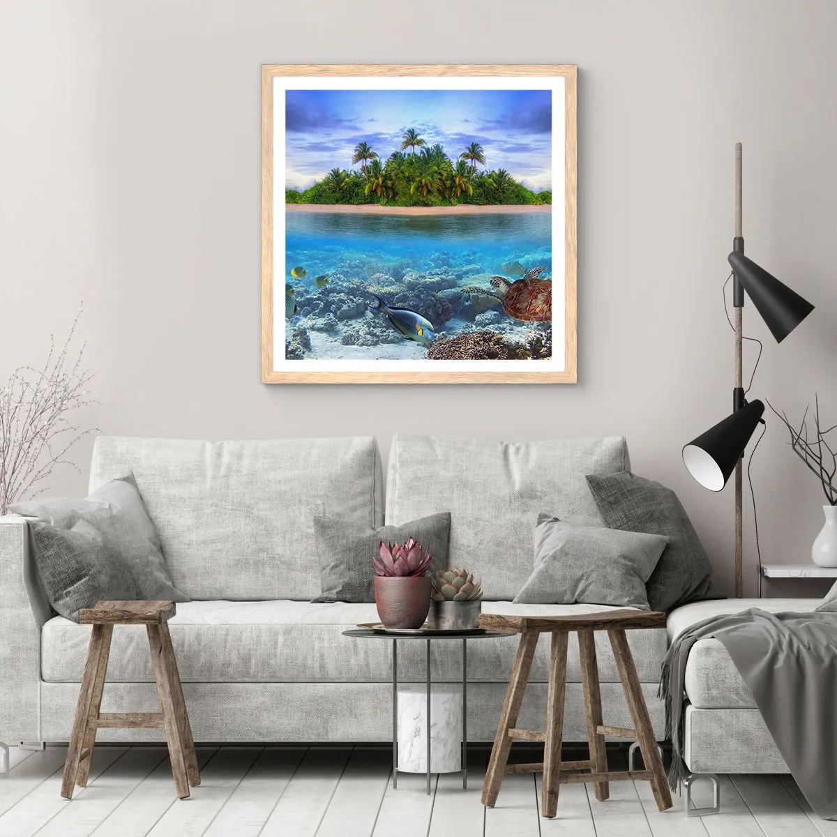 Poster in light oak frame - Heavenly Island Invites You - 40x40 cm