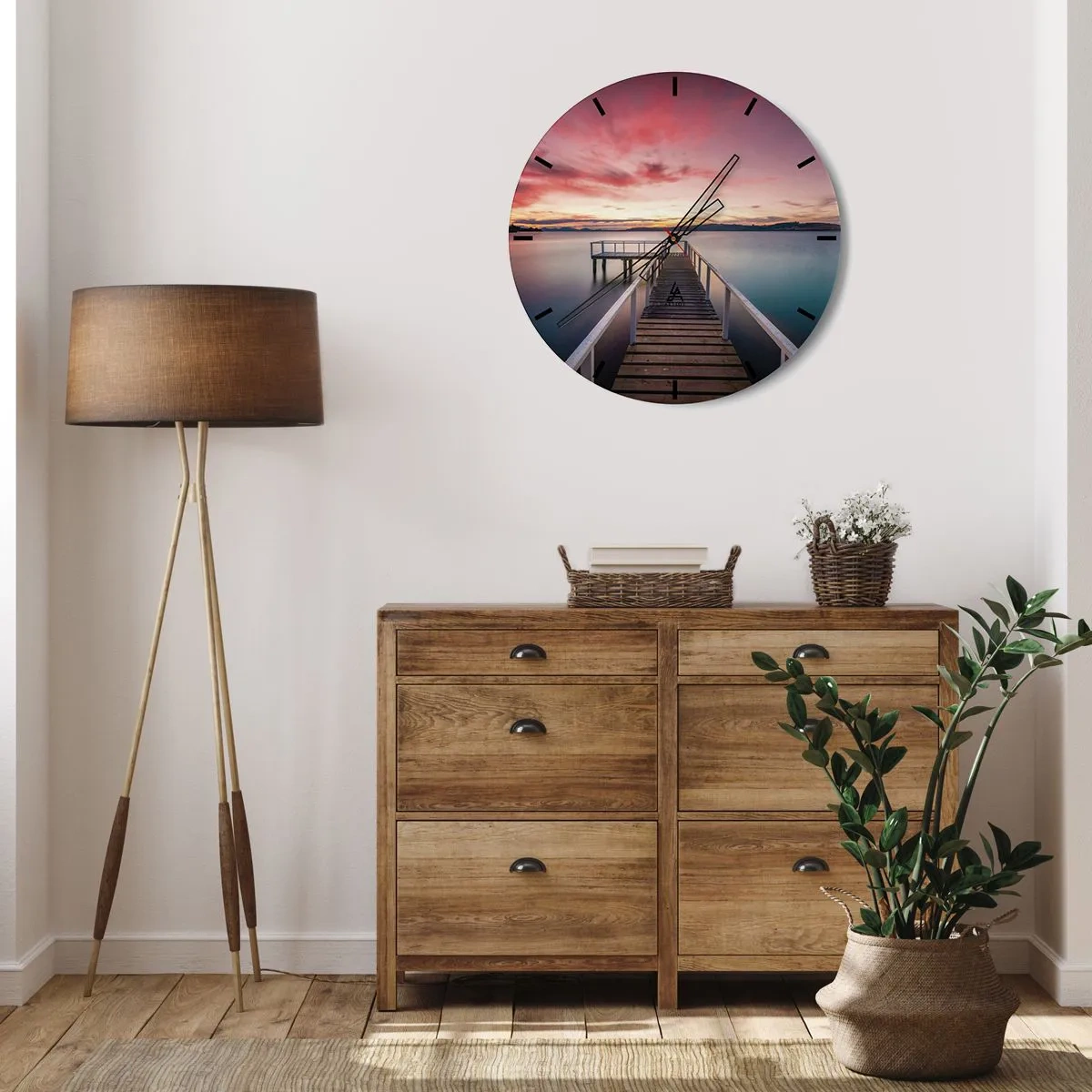 Wall clock - Clock on glass - A pier over a calm lake at sunset - 30x30cm - Mild Flame of an Evening - Modern wall decoration for the living room, kitchen, and bedroom ARTTOR