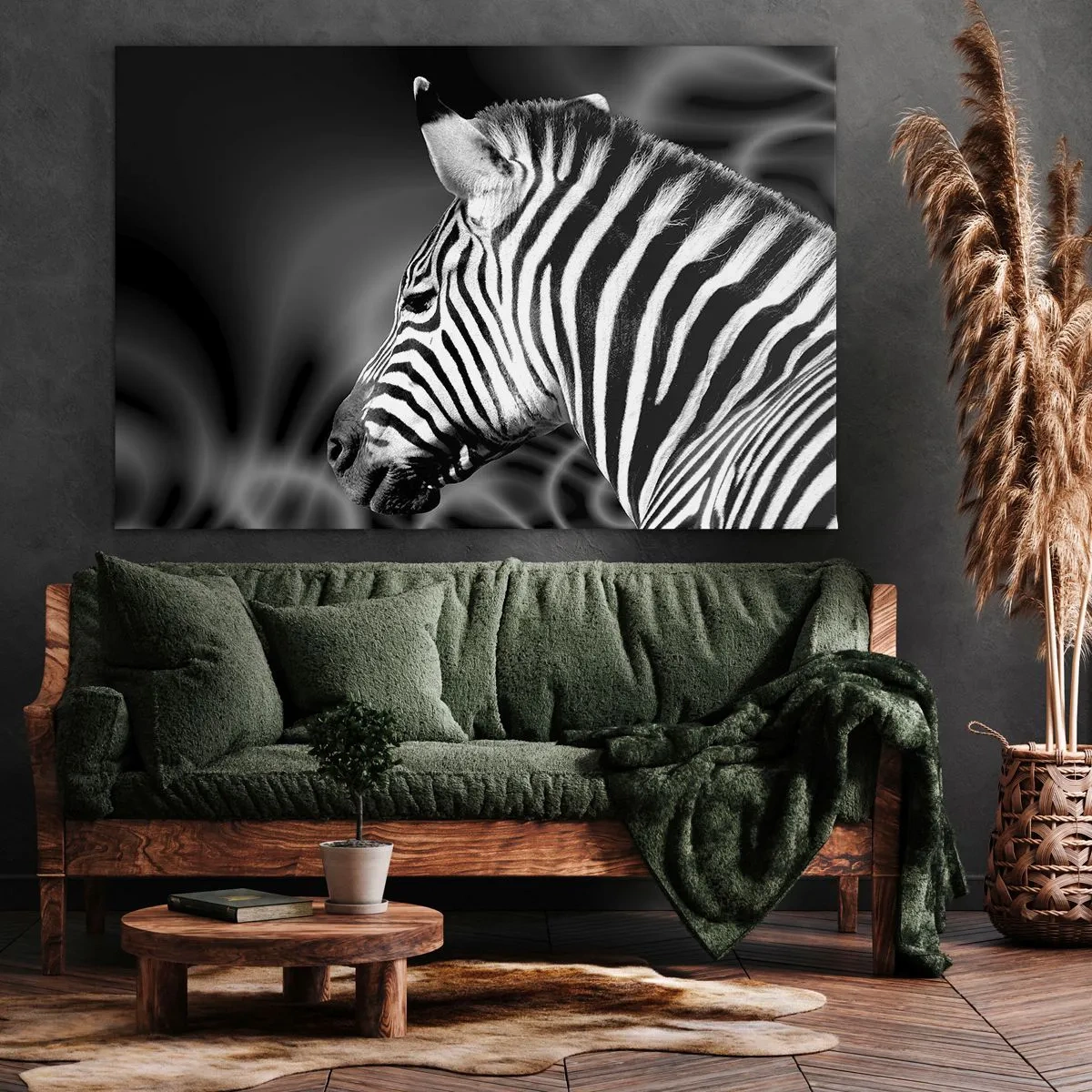 Canvas picture - Black and white portrait of a zebra against a background of abstract patterns. - 70x50cm - White Is White, and Black Is Black - Modern wall decoration for the living room and bedroom ARTTOR