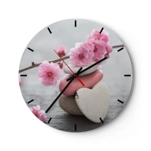 Wall clock - Clock on glass - Pink cherry blossoms on a branch with decorative stones - 30x30cm - Bliss with Cherry Blossom - Modern wall decoration for the living room, kitchen, and bedroom ARTTOR