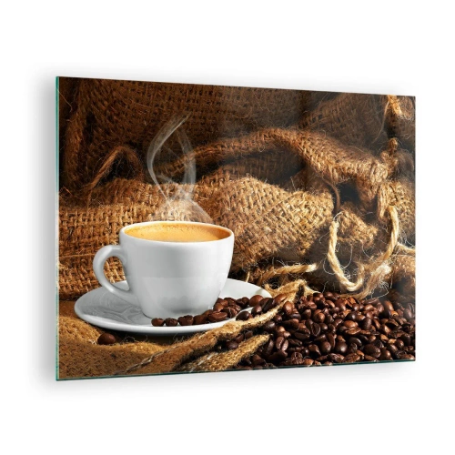 Glass picture - A cup of coffee with beans on a jute background - 70x50cm - Smell of a Mocha and Density of a Honey Drink - Modern wall decoration for the living room and bedroom ARTTOR