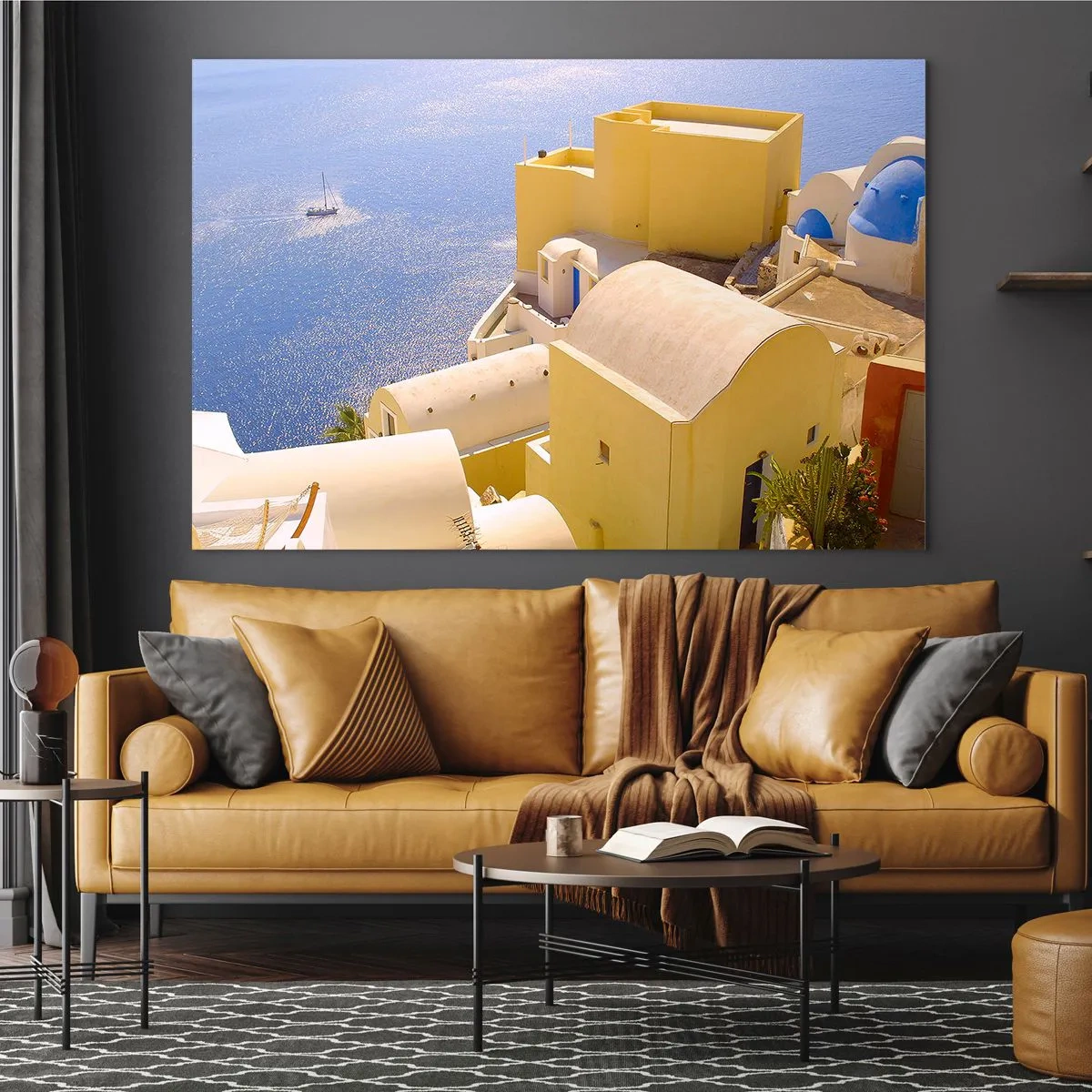 Glass picture - View of Santorini with blue sea and white buildings - 70x50cm - Greek Landscape in White and Blue - Modern wall decoration for the living room and bedroom ARTTOR