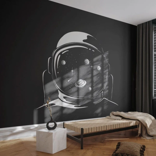 Photo Wallpaper Standard Eco - Cosmonaut with planets in his helmet on a black background - 100x70cm - Quite a View - Modern wall decoration for the living room and bedroom ARTTOR
