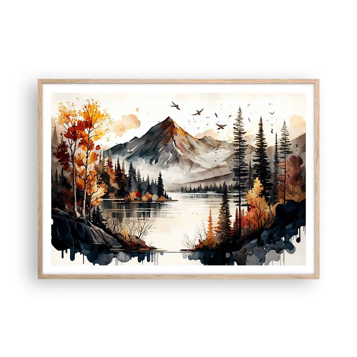 Poster in light oak frame - Golden Autumn in the Mountains - 100x70 cm
