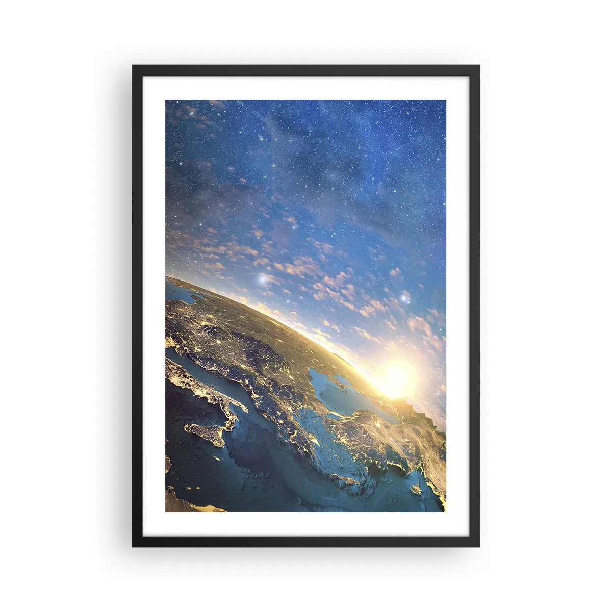 Poster in black frame - Earth seen from space at sunrise - 50x70cm - Let's Look at Each Other from a Distance - Modern wall decoration for the living room and bedroom ARTTOR