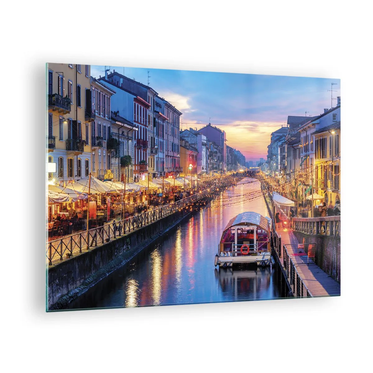 Glass picture - Evening view of the illuminated canal with boats and cafes - 70x50cm - Evening of Light and Fun - Modern wall decoration for the living room and bedroom ARTTOR