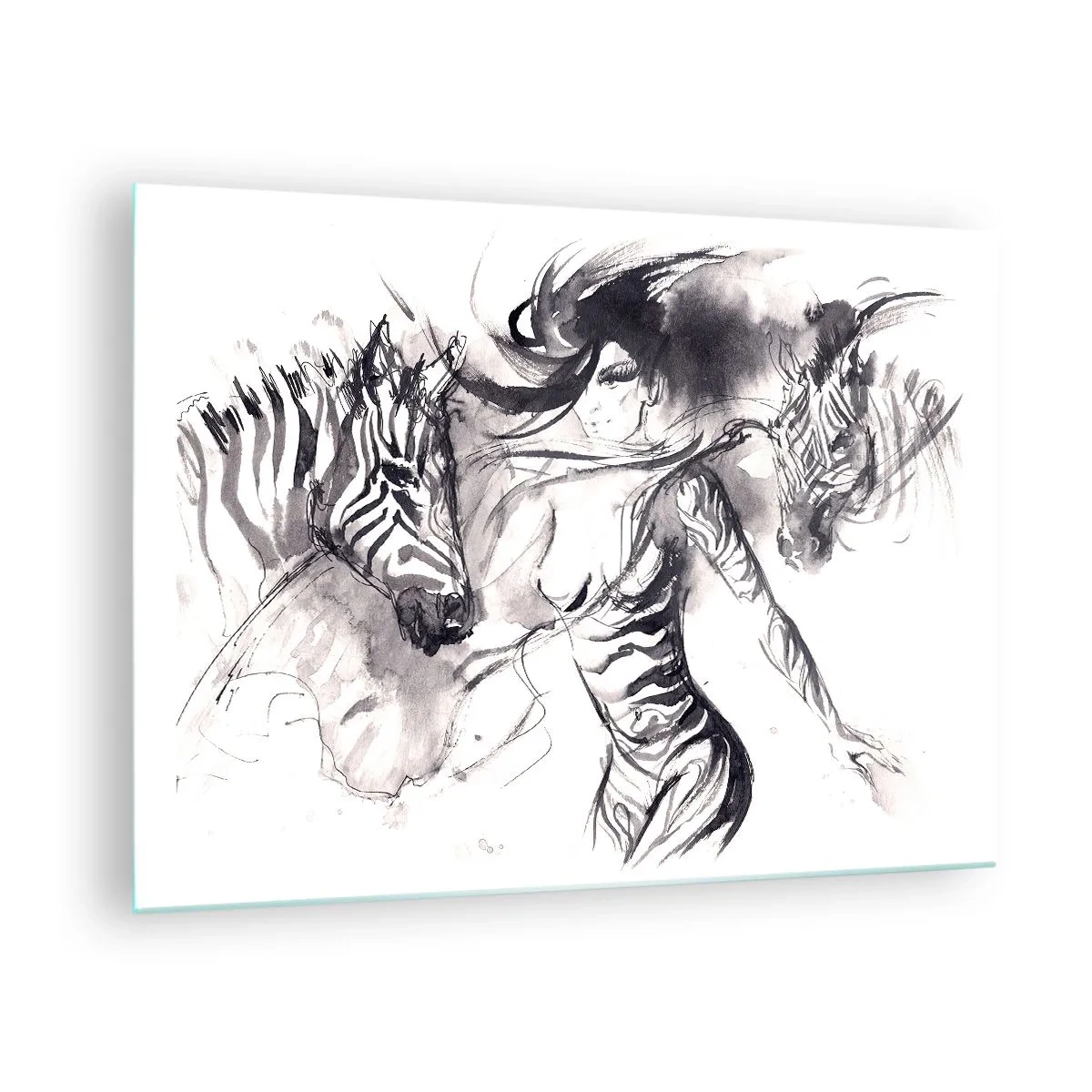 Glass picture - Black and white composition with a woman and a zebra in an artistic style - 70x50cm - Dancing With Zebras - Modern wall decoration for the living room and bedroom ARTTOR