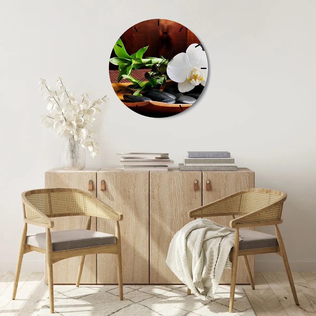 Wall clock - Clock on glass - White orchid with bamboo and stones - 30x30cm - Let Nature Touch You - Modern wall decoration for the living room, kitchen, and bedroom ARTTOR