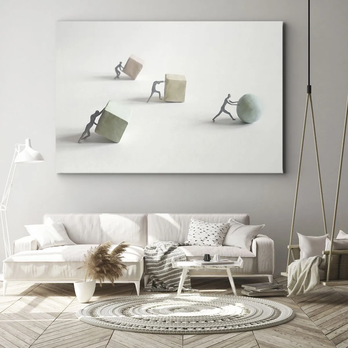 Canvas picture - Miniature figures pushing shapes against a light background - 70x50cm - That's Life - Modern wall decoration for the living room and bedroom ARTTOR