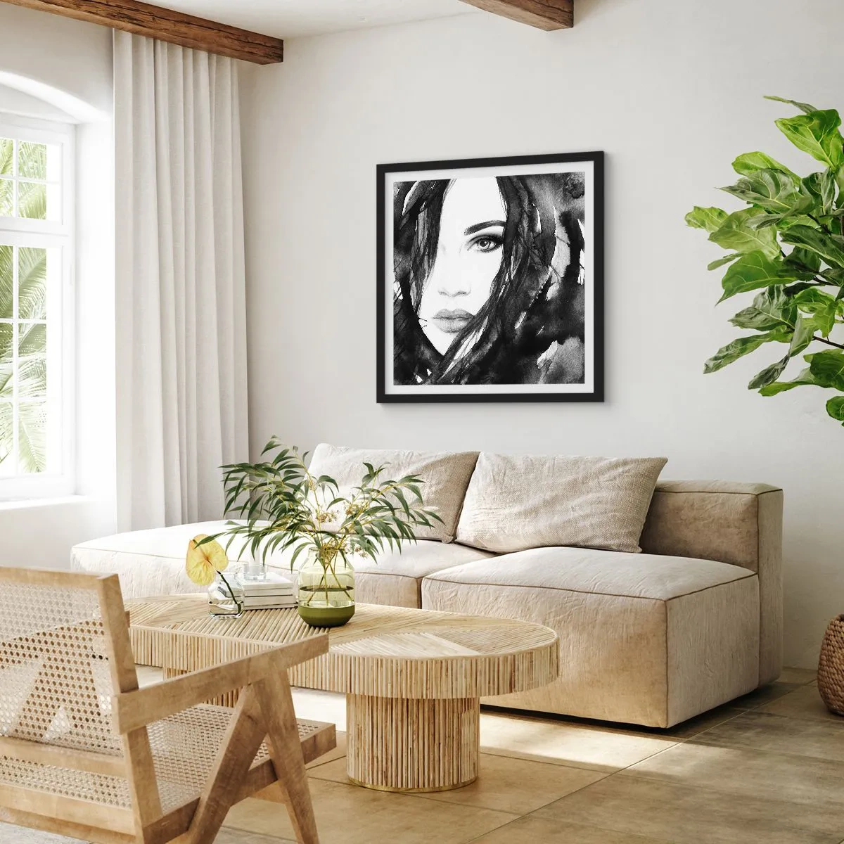 Poster in black frame - Portriat of a Lady in Black and White - 30x30 cm