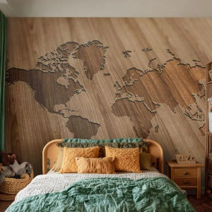 Photo Wallpaper Premium Canvas - World on a Table - World map, Wood, Continents - 200x140 cm