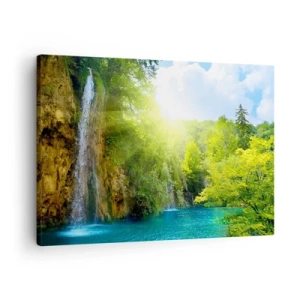 Canvas picture - A waterfall flowing into a turquoise lake surrounded by greenery - 70x50cm - This Must Be Eden - Modern wall decoration for the living room and bedroom ARTTOR