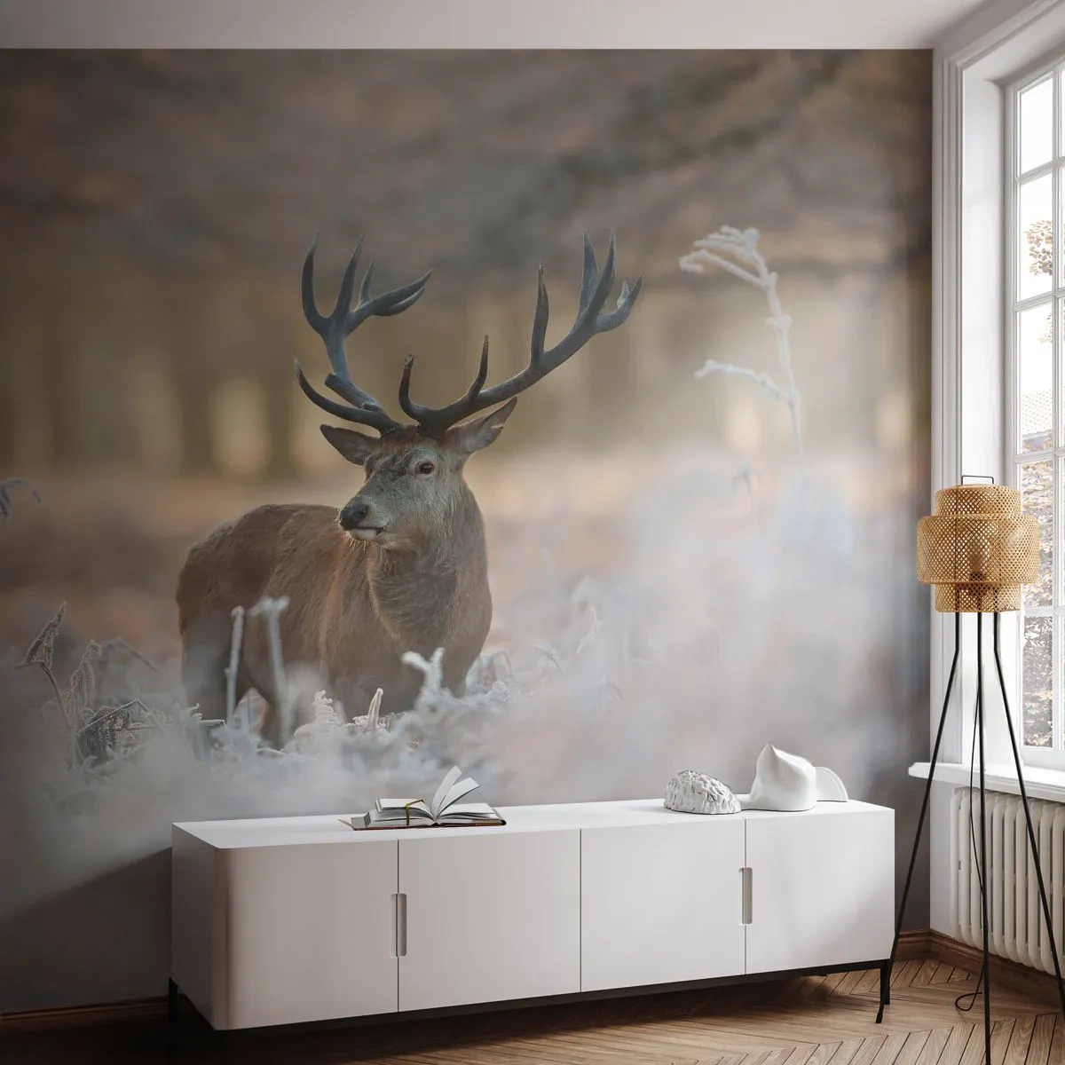 Photo Wallpaper Premium Sand - Chilly Morning - Landscape, Deer, Animals - 450x315 cm