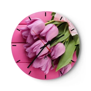 Wall clock - Clock on glass - A bouquet of pink tulips on a pink background - 30x30cm - Especially for You - Modern wall decoration for the living room, kitchen, and bedroom ARTTOR