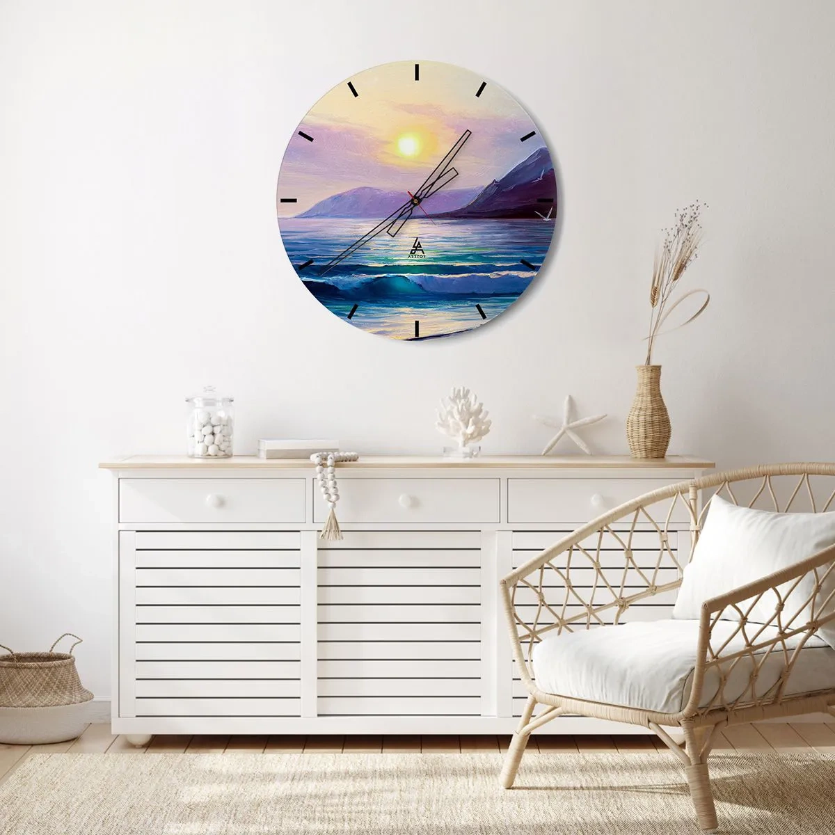 Wall clock - Clock on glass - Seascape with the setting sun - 30x30cm - Crystal of Water and Air - Modern wall decoration for the living room, kitchen, and bedroom ARTTOR