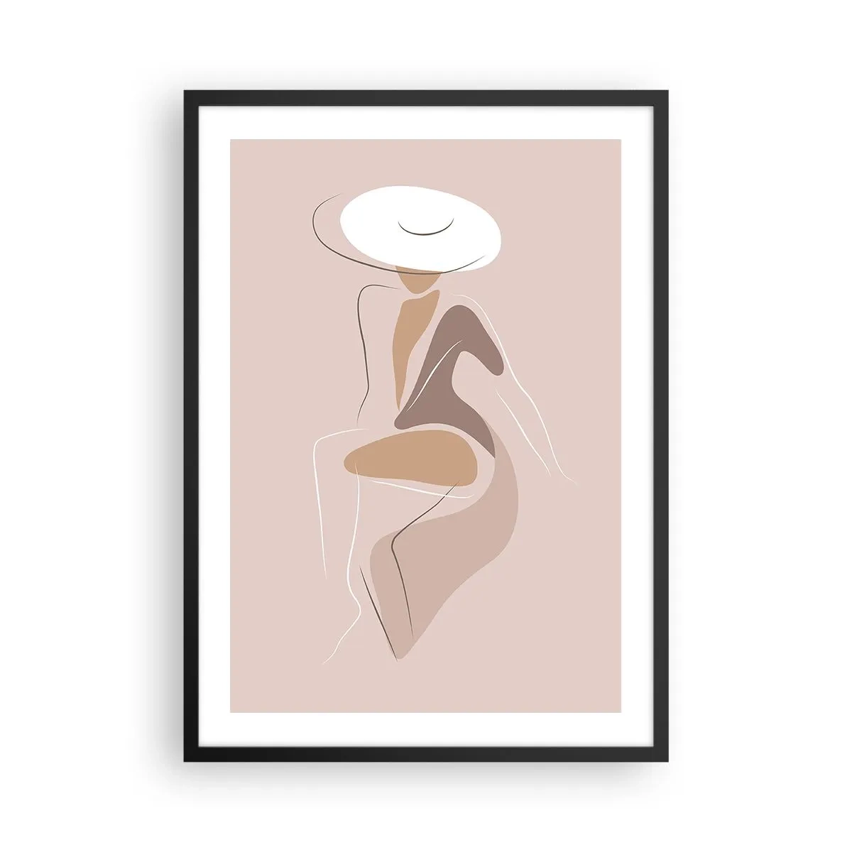 Poster in black frame - A minimalist image of a woman in a hat on a beige background. - 50x70cm - Being a Lady - Modern wall decoration for the living room and bedroom ARTTOR